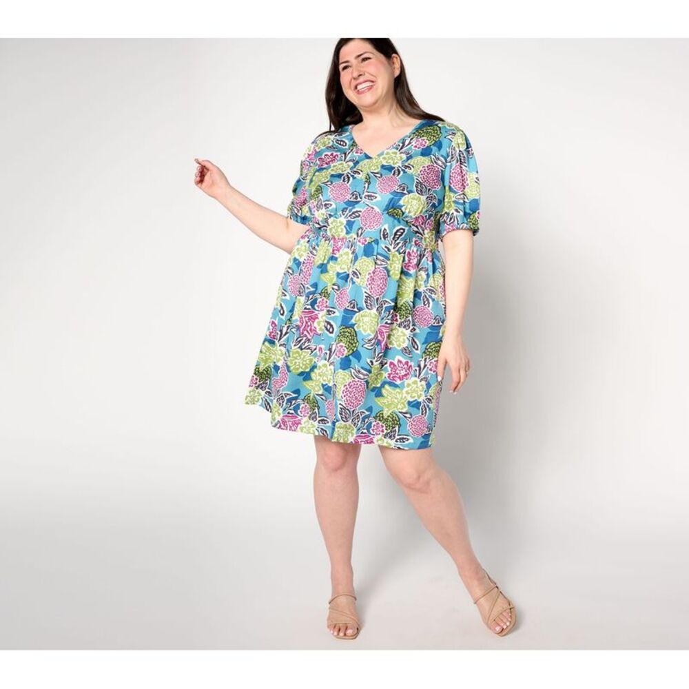Bernini Women's Petite Dress PL Printed Puff-Sleeve Woven Blue